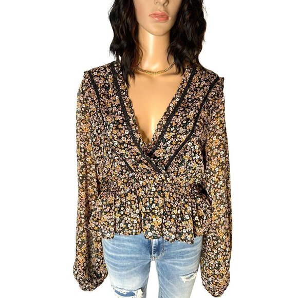 ASTR The Label NWT Chiffon Long Sleeve VNeck Peasant Floral Blouse Black Size XL - Picture 1 of 8